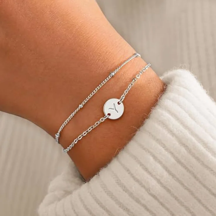 TINGN Armbänder Damen, 18K Weißgold gefüllte Buchstabenarmskette mit Gravur Y, zweilagiges Silberarmband, 6 Zoll (15 cm) + 2 Zoll (5 cm) Verlängerung, personalisierbares Namensarmband für Frauen und Mädchen – Bild 2