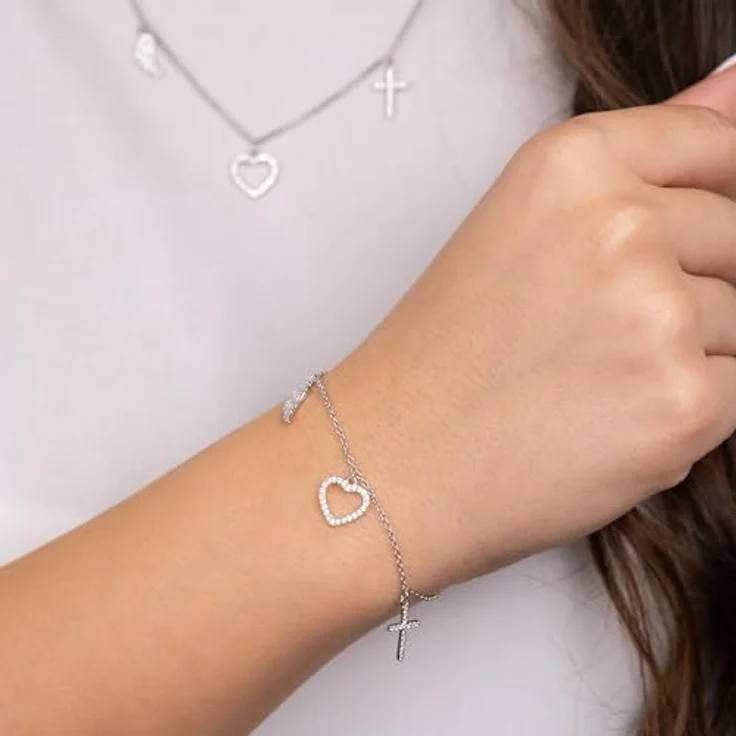 Engelsrufer Damen Armband aus Sterling Silber, Zirkonia, Anhänger Kreuz Herz Engelsflügel, längenverstellbar, nickelfrei, Karabinerverschluss – Bild 2