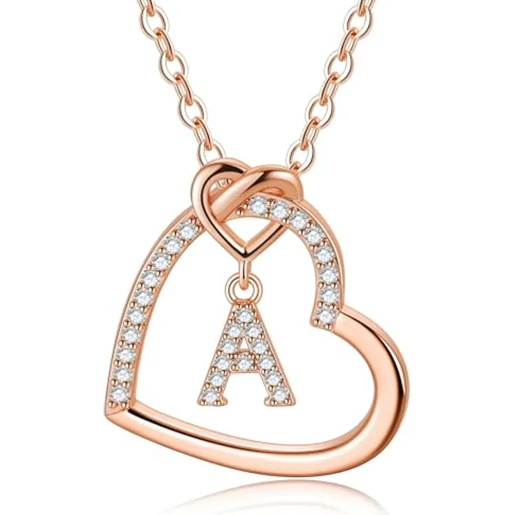 TINGN Personalisierte Herz Halskette - Rosegold Damen Kette mit Buchstabe A, 18" + 2" Verlängerung, nickelfrei, perfektes Geschenk für Frauen und Mädchen