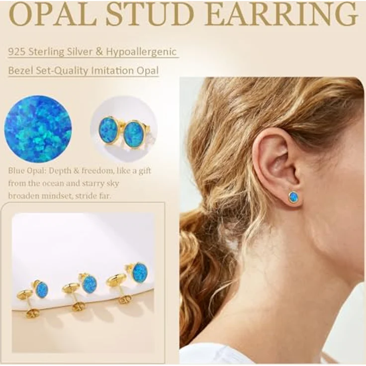 Jiahanzb Opal Ohrringe, 925 Sterling Silber Ovalschliff, Blaue Hypoallergene Ohrstecker 7 mm Vergoldet für Damen – Bild 5