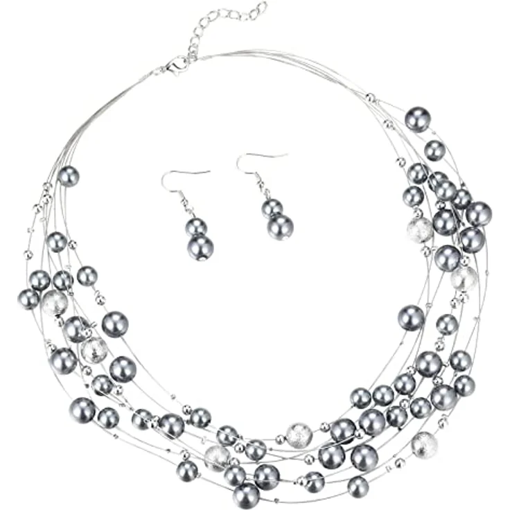 FULU AUTUMN Boho Perlenkette Damen Silber, mehrreihige Statement Kette, 17" (Zugkettenverlängerung 2.7in), grau – Bild 1