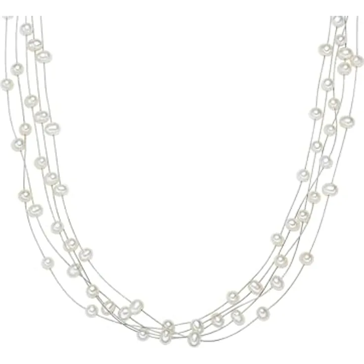 Valero Pearls Damen Perlenkette, mehrreihig mit ovalen weißen Süßwasser-Zuchtperlen, 925 Sterling Silber, 50 cm, Karabinerverschluss