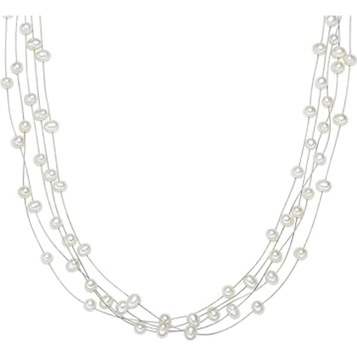 Valero Pearls Damen Perlenkette, mehrreihig mit ovalen weißen Süßwasser-Zuchtperlen, 925 Sterling Silber, 50 cm, Karabinerverschluss – Bild 1
