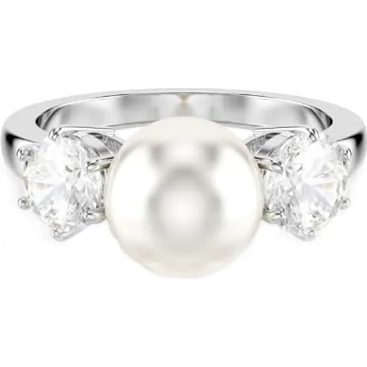 Swarovski Matrix Cocktailring, Weißer, Rhodinierter Ring mit Kristallperle und Strahlenden Rundschliff-Kristallen – Bild 3