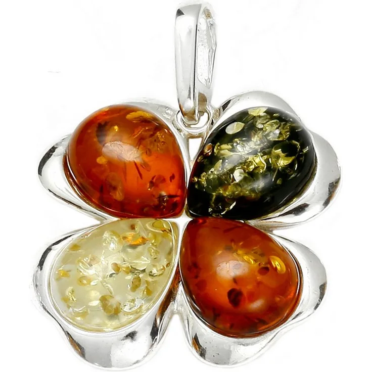 OSTSEE-SCHMUCK Kettenanhänger Kleeblatt, Sterlingsilber 925 mit verschiedenen Bernsteinen, Glücksbringer, 1-tlg