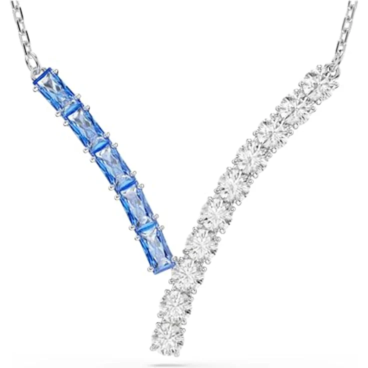 Swarovski Matrix Anhänger, Rhodinierte Damenhalskette mit V-förmigem Motiv, blauen und klaren Zirkonia in Rund- und Baguette-Schliffen, 38-45 cm – Bild 1