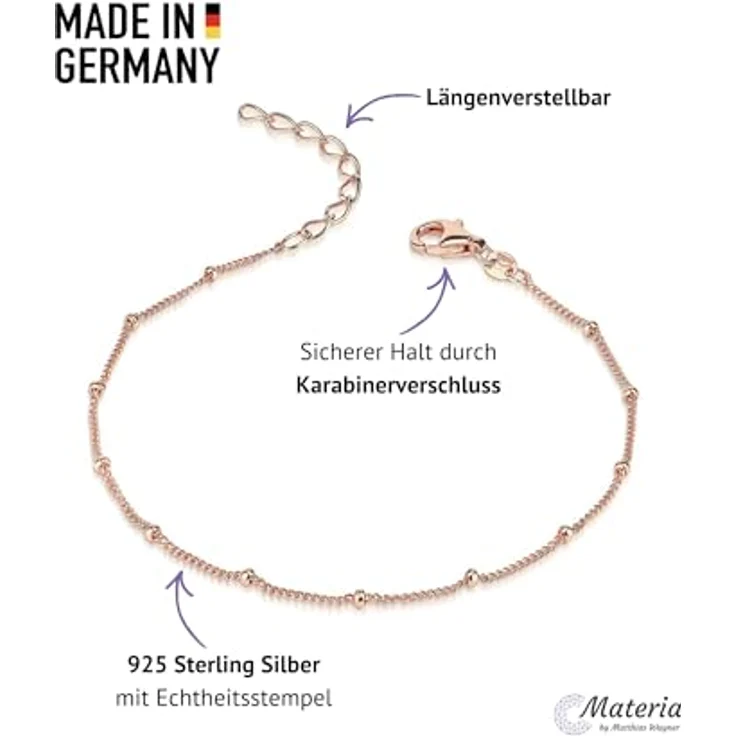 Materia Damen Armband SA-80-Rose, Rosegold Armkette aus 925 Sterling Silber mit feinen Kugeln, längenverstellbar 17-20cm, filigran und wasserfest – Bild 3
