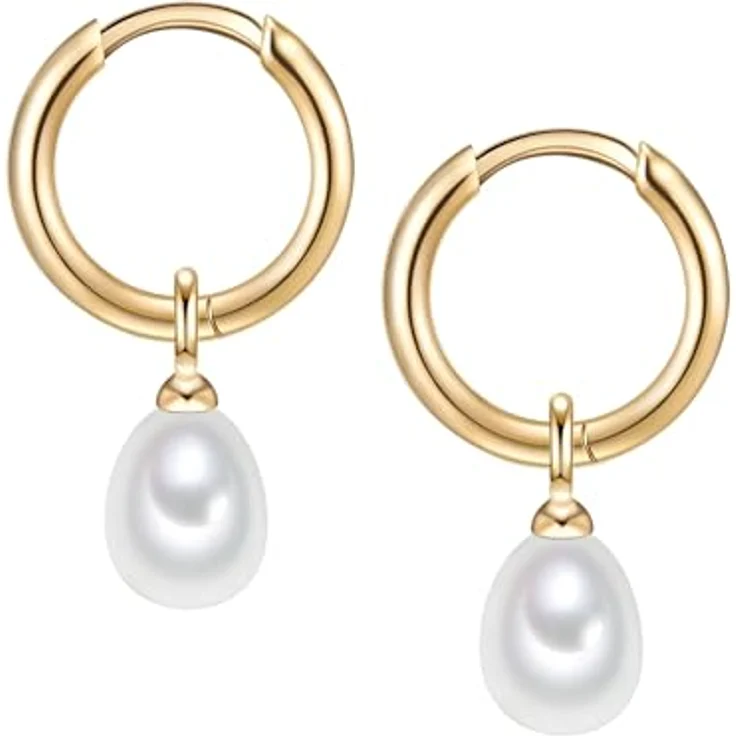 Valero Pearls Damen-Creolen, 925er Sterling Silber gelbvergoldet mit weißen Süßwasser-Zuchtperlen, Ohrhänger in Gelbgold-Optik – Bild 3