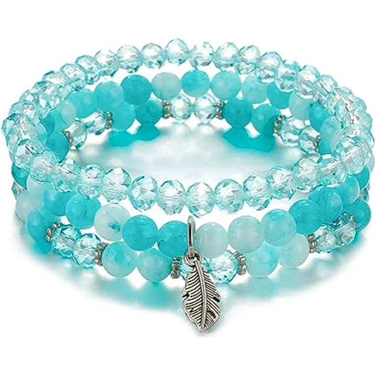 FULU AUTUMN Perlenarmband Set, Stretch Damen Armband, 3-lagig, Boho Modeschmuck, Naturstein, Türkis – Bild 1