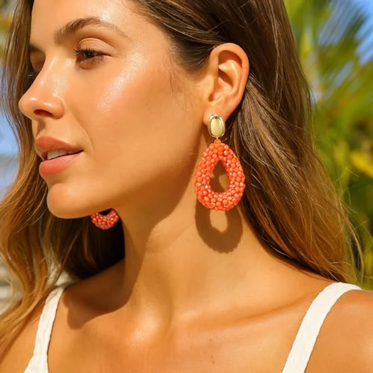 ROISE LADY Orange Boho Ohrringe hängend, leichter modischer Schmuck aus Reisperlen, tropfenförmig, eleganter Hingucker für Damen – Bild 4