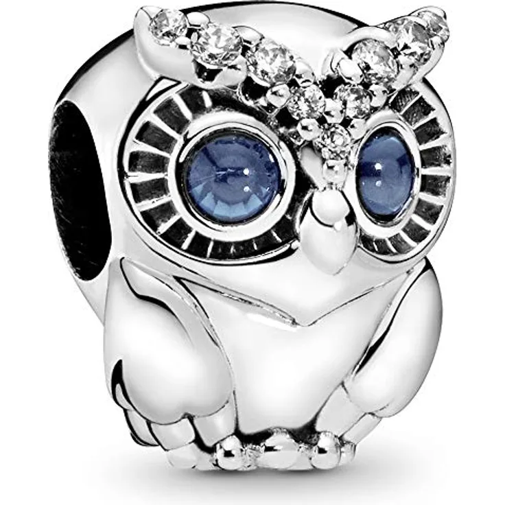 PANDORA Charm "Funkelnde Eule" 798397NBCB, Bead mit blauen Augen und Schmucksteinbesatz, inspirierte Eule als Symbol der Weisheit