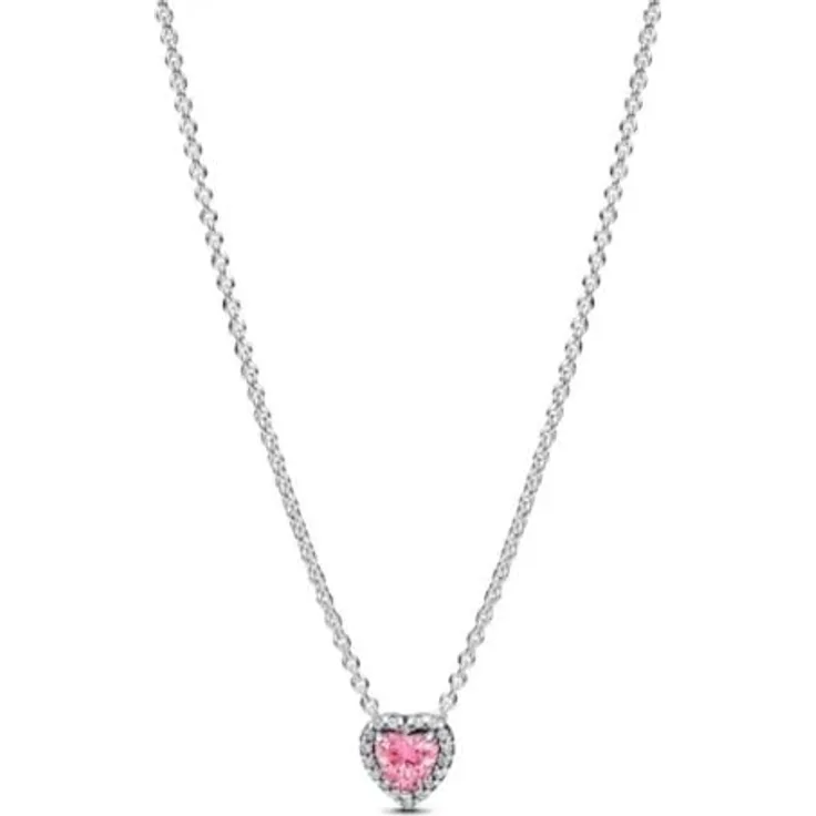 PANDORA Timeless Halskette, rosafarbenes erhabenes Herz aus Sterling Silber mit Zirkonia, 45cm