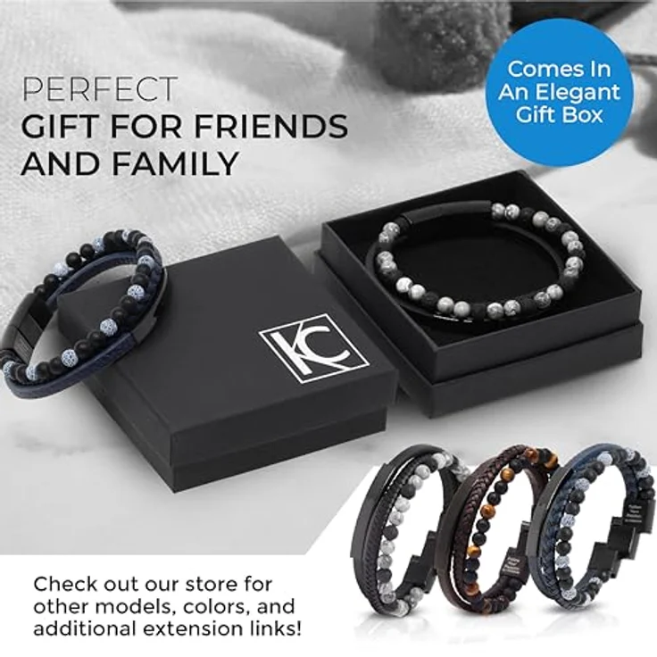 KC Premium Männer Lederarmband mit Agate Onyx Perlen, handgemacht, größenverstellbar, Magnetverschluss, inspirierende Gravur "Follow Your Passion", schwarz-blau, in Geschenk Schmuckbox – Bild 4