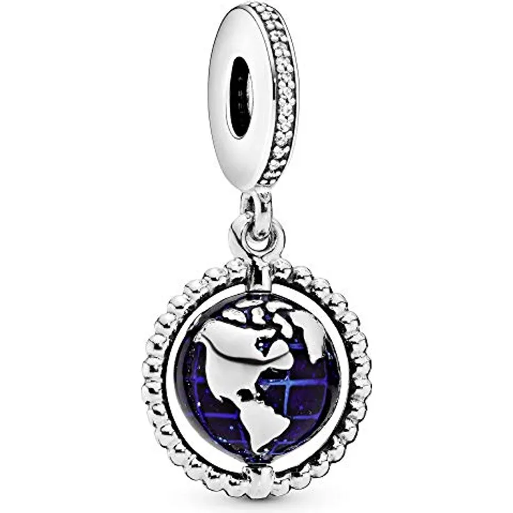 Pandora Charm-Einhänger 798021CZ, Globus drehend aus Sterling-Silber mit dunkelblauer Emaille und Zirkonia