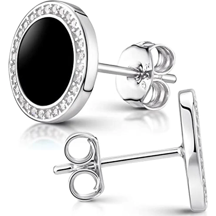 Materia Onyx Ohrstecker schwarz Damen - flache 925 Sterling Silber Ohrringe mit Zirkonia rund, rhodiniert, SO-394-Onyx – Bild 4