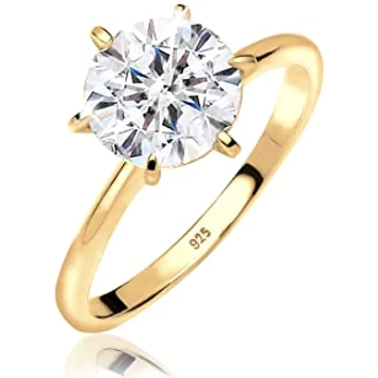 Elli Damen Verlobungsring mit Kristall, 925 Sterling Silber vergoldet, handgefertigt