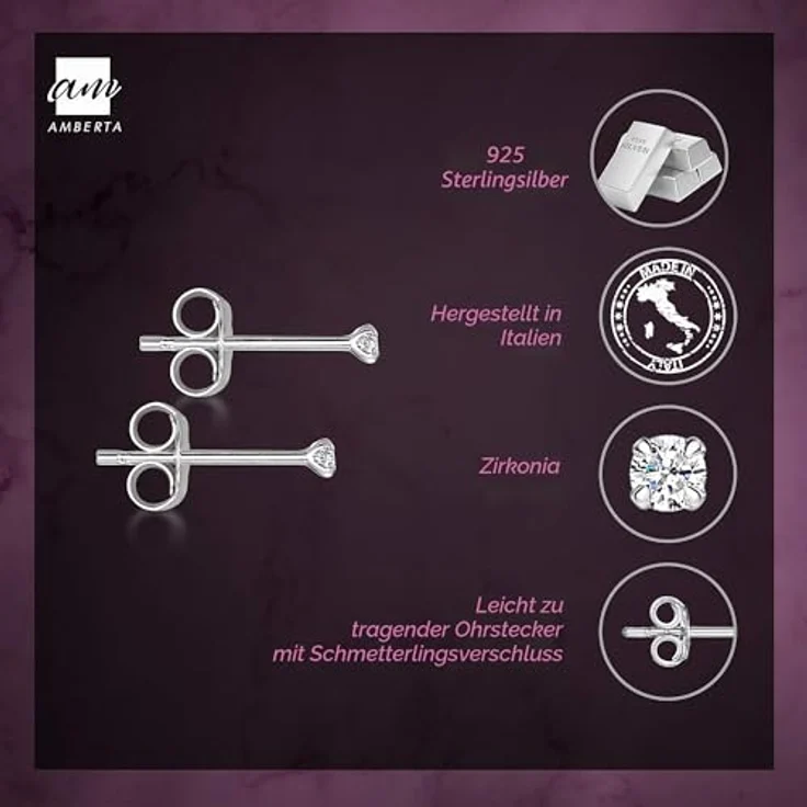 Amberta Klein Ohrstecker, 925 Sterling Silber, Zirkonia 2 mm, 4er Set, hypoallergen, in eleganter silberner Fassung – Bild 3