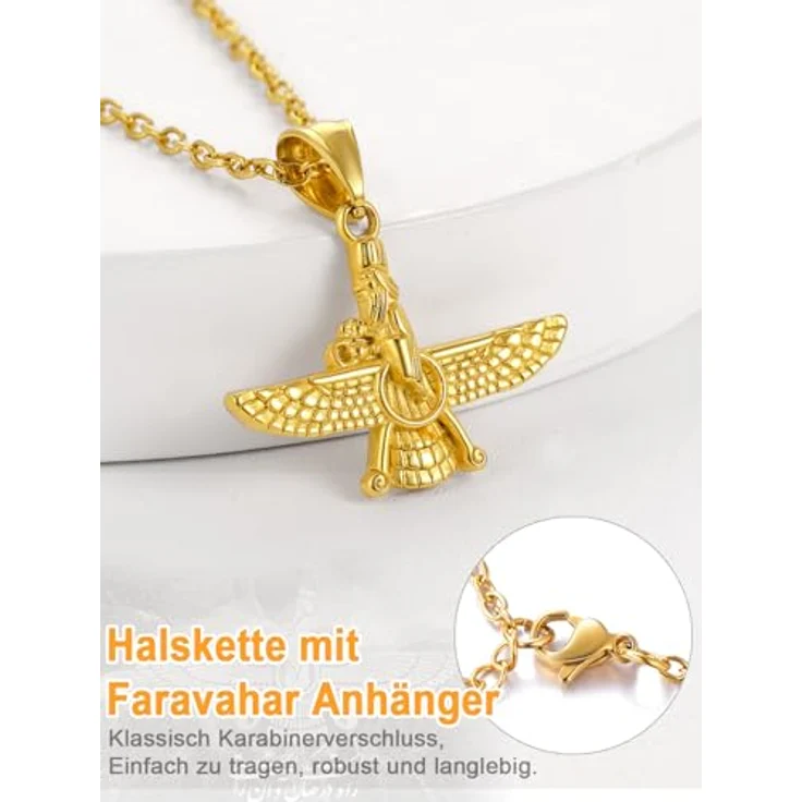 U7 Männer Halskette Gold Kette Faravahar Anhänger aus Edelstahl, 50cm verstellbare Rolokette, 18k vergoldet, Zoroastrismus Amulett für Herren und Damen, Geschenkidee für Weihnachten – Bild 4