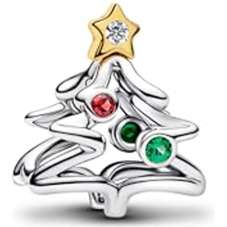 PANDORA Moments Weihnachtsbaum Charm, Sterling-Silber mit 14K Vergoldung und Zirkonia, Weihnachtsdesign mit roten und grünen Kristallen, kompatibel mit Moments, 764248C01