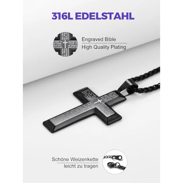 Richsteel Kreuz Kette Herren, Edelstahl Halskette mit verstellbarem 55+5 cm Kettenanhänger, Silber/Gold/Schwarz, personalisierbar, christliches Schmuckstück – Bild 4