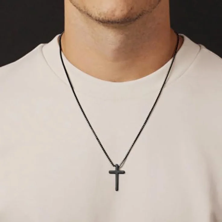 TINGN Kreuz-Halskette Herren, Edelstahl mit schwarzem Kreuz-Anhänger, hypoallergen, 16"-30" einstellbare Länge – Bild 3