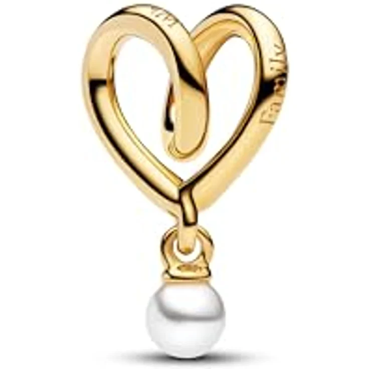 PANDORA Moments Eingehülltes Herz Charm, 14K vergoldete Metalllegierung mit Perle, Gravur „family, where love never ends“, kompatibel mit Moments, 764138C01 – Bild 2