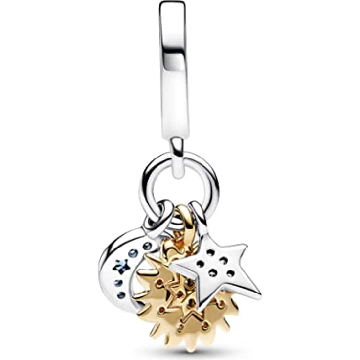 PANDORA Bicolor Himmlischer Dreifacher Charm-Anhänger aus Sterling Silber und 14 Karat vergoldeter Metalllegierung mit Cubic Zirkonia, Sonne, Stern und Halbmond, kompatibel mit Moments, 762676C01 – Bild 2