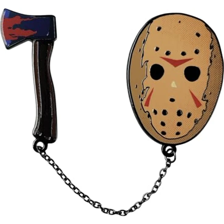 FaNaTtik Freitag 13th Pin Badge Duo, limitiertes Set mit Jason's Hockeymaske (58x42,4mm) und Axt (68,8x26,7mm), Metall mit Verbindungskette – Bild 1