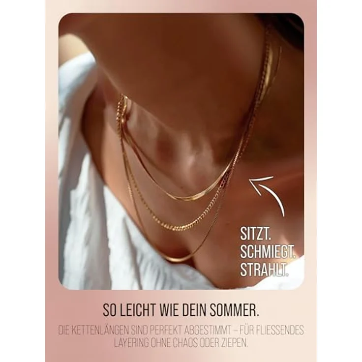 THIORA Halskette Damen, Dreireihige Edelstahl Layering Kette in Silber, verstellbar, wasserfest, nickelfrei – Bild 4