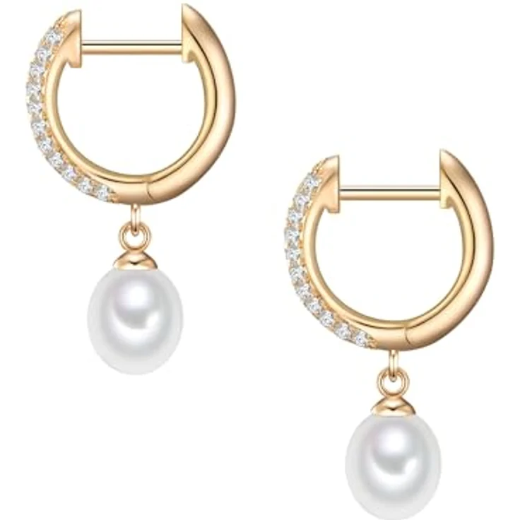 Valero Pearls Damen-Creolen, Klappcreolen aus 925er Sterling Silber gelbvergoldet mit weißen Süßwasser-Zuchtperlen und Zirkonia-Steinen – Bild 3