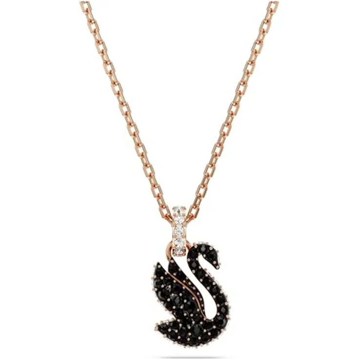 Swarovski Swan Anhänger, Rosé Vergoldete Damenhalskette mit Schwan-Motiv und Schwarzen Swarovski Kristallen im Pavé-Design