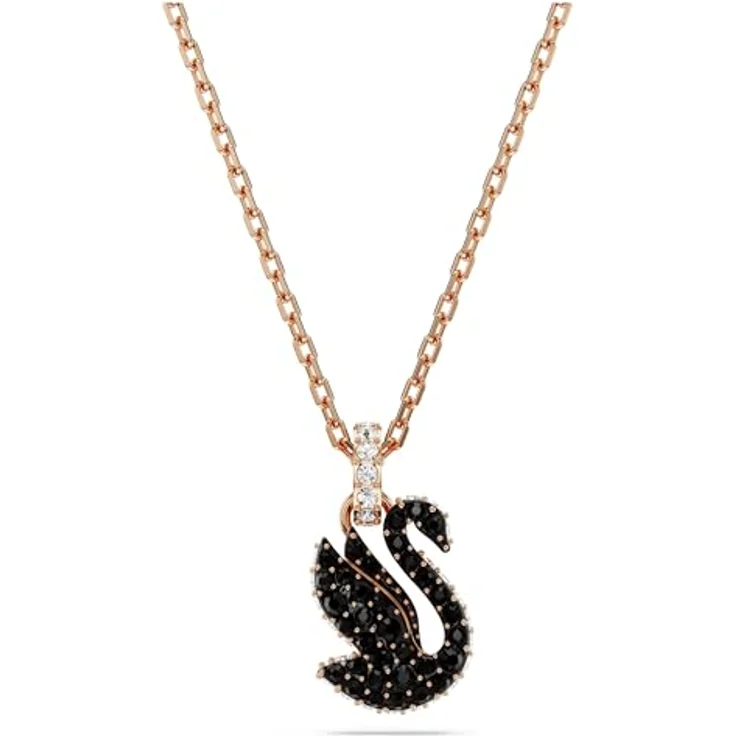 Swarovski Swan Anhänger, Rosé Vergoldete Damenhalskette mit Schwan-Motiv und Schwarzen Swarovski Kristallen im Pavé-Design – Bild 1
