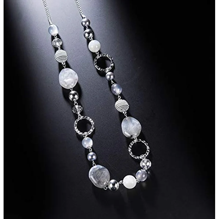 Bulinlin Lange Perlenkette für Damen, Boho Stahl mit Silber und Harzperlen, 35 Zoll + 3 Zoll Verlängerung, Grau, Modeschmuck für Hochzeitstag und Geschenke – Bild 2