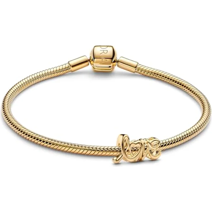 Pandora Charm-Armband Geschenkset, goldfarbenes Starter-Set mit handgeschriebenem "love" Charm und Clip-Verschluss