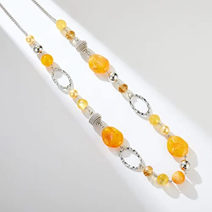 Bulinlin Lange Silber Perlenkette für Damen, Boho Statement Chain Halskette, 35+3 Zoll, Gelb, Modeschmuck und Geburtstagsgeschenke – Bild 5