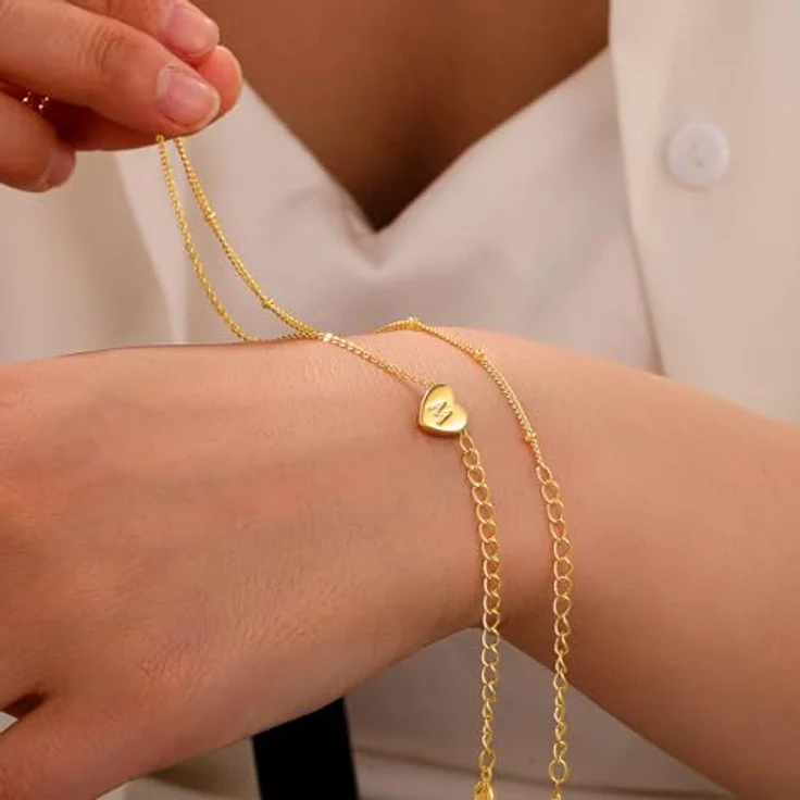 TINGN Gold Armband mit Buchstaben L, Verstellbares Herz Armband für Damen und Mädchen, Hypoallergen, 14 Karat Vergoldet, 2 Stück Set, Geschenke für Kinder 7-10 Jahre – Bild 4