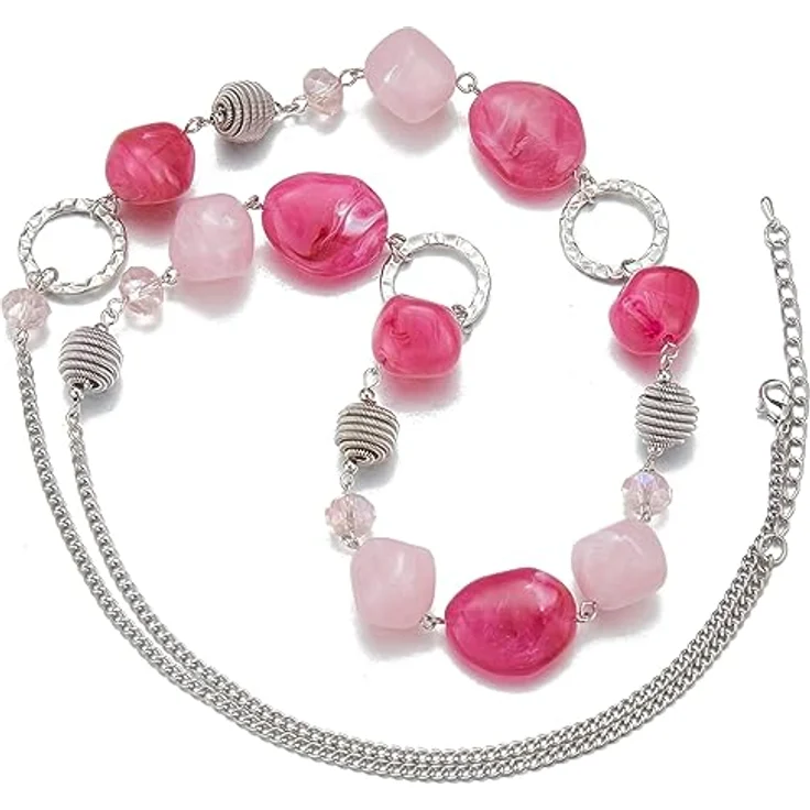 Bulinlin Silber Perplen Lange Kette, Boho Statement Chain Halskette aus Harz- und Metallperlen, 35+3 Zoll, Dunkel Hell Pink – Bild 2