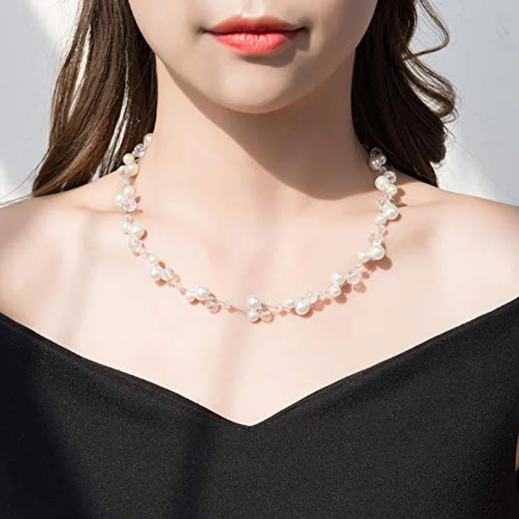 Bulinlin Damen Kristall Perlenkette, Silber Boho Statement Choker Halskette, 17-Zoll + 3-Zoll Verlängerung, weiß – Bild 5