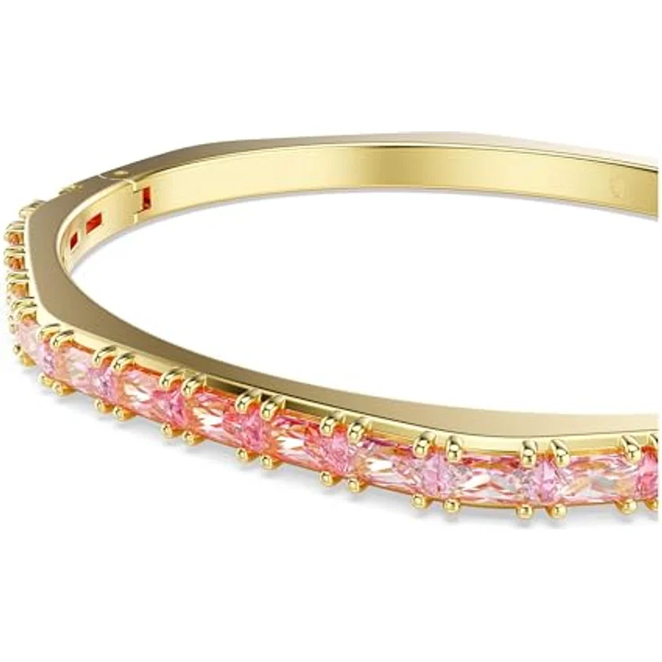 Swarovski Matrix Armreif, Vergoldeter Damenarmreif mit rosafarbenen Zirkonia im Baguette-Schliff, 17 cm lang, 0.4 cm breit – Bild 4