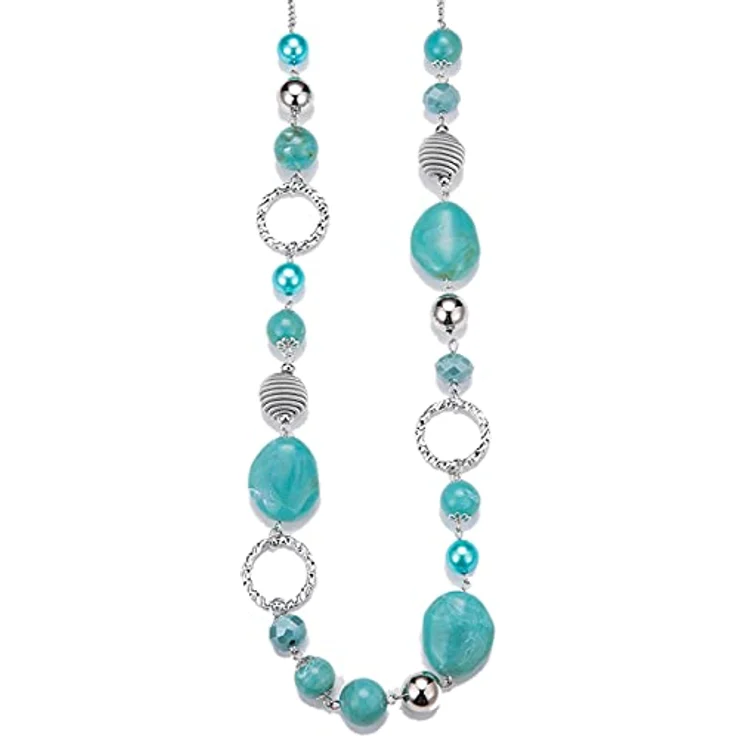 Bulinlin Damen Lange Perlenkette Boho Silber Metall mit Glaskristallperlen, turquoise, 35 Zoll plus 3 Zoll Verlängerung – Bild 1