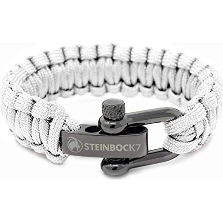 Steinbock7 Herren Armband Paracord – Geflochtenes Survival Armband mit Edelstahlverschluss, Verstellbares Outdoor Schmuck Accessoire für Trekking Expedition, weiss – Bild 1