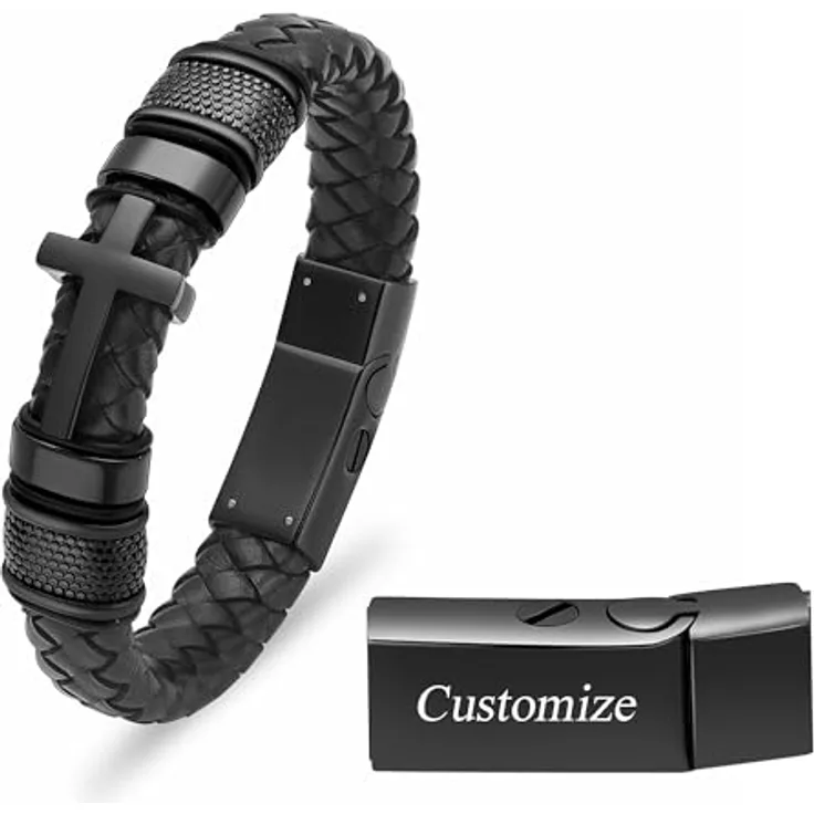 VCCWYQK Urnen-Kreuz-Armband für Asche, echtes Leder, 20/22/24 cm, Gedenk-Asche Schmuck für Herren, mit Edelstahlverschluss und Geschenkbox