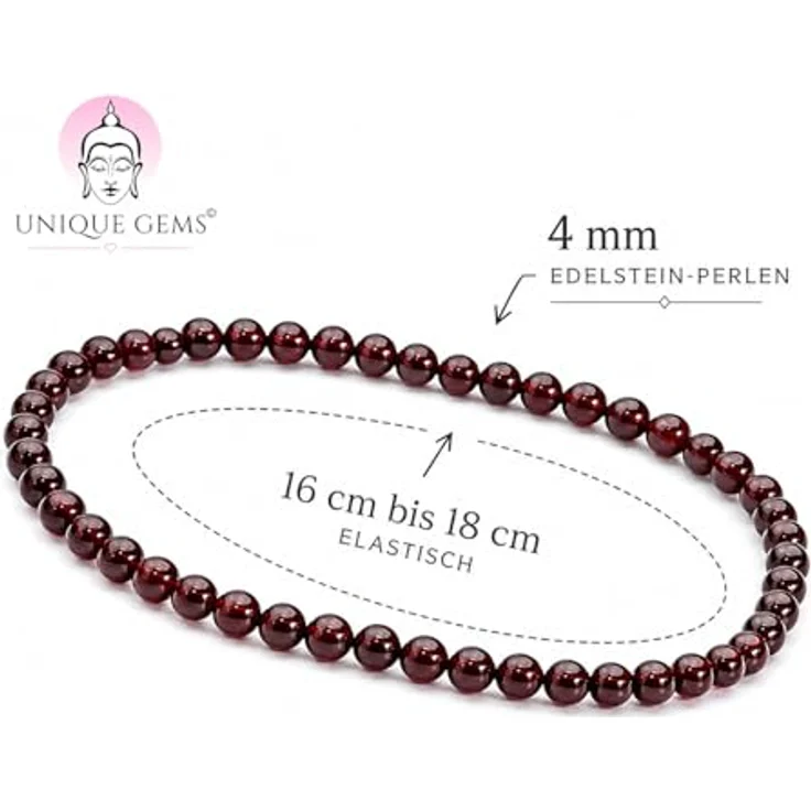 Unique Gems Rotes Granat Armband, 4 mm Naturstein, elastisch, handgefertigt in Deutschland, Geschenk für Frauen – Bild 4