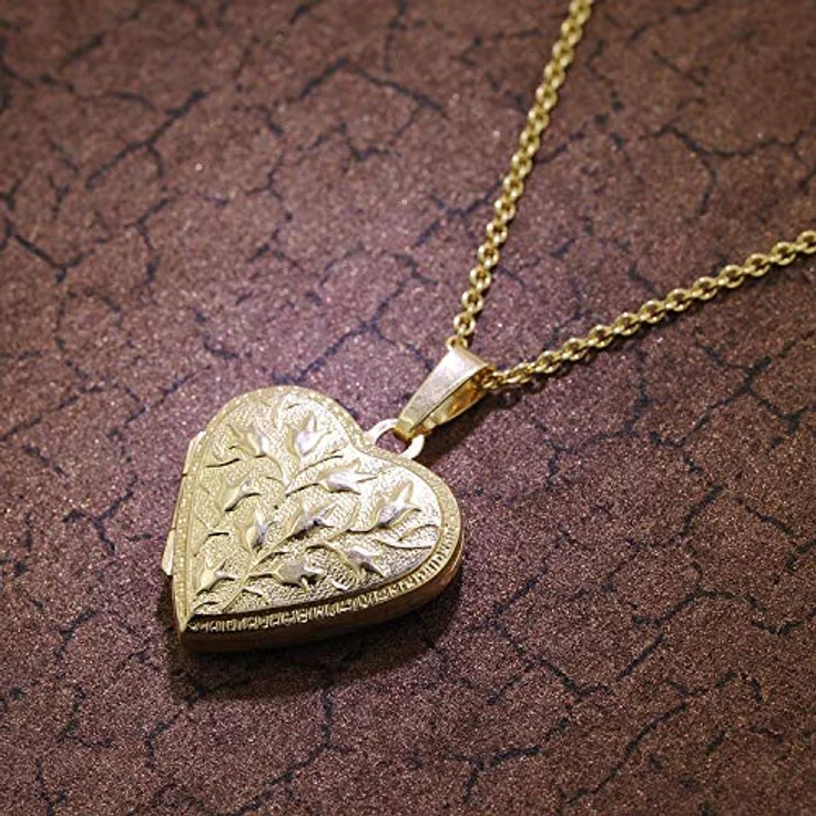 trendor Medaillon Herz mit Kette 925 Silber goldplattiert, 42 cm, eleganter Anhänger mit Platz für 2 Bilder, florale Prägung, Geschenkidee für Damen – Bild 4