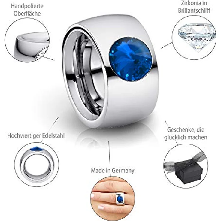 Heideman Damen-Ring coma 14, polierter Edelstahlring mit Zirkonia-Kristallen in Saphir-Optik, Größe 50 (15.9) – Bild 3