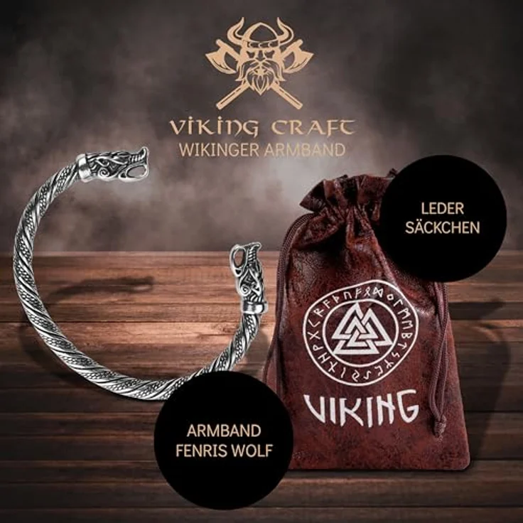 VIKING CRAFT Fenrir Armband Herren, Edelstahl Armreif in Silber-Schwarz, Hochwertiger Wikinger Schmuck für LARP und Geschenke – Bild 3