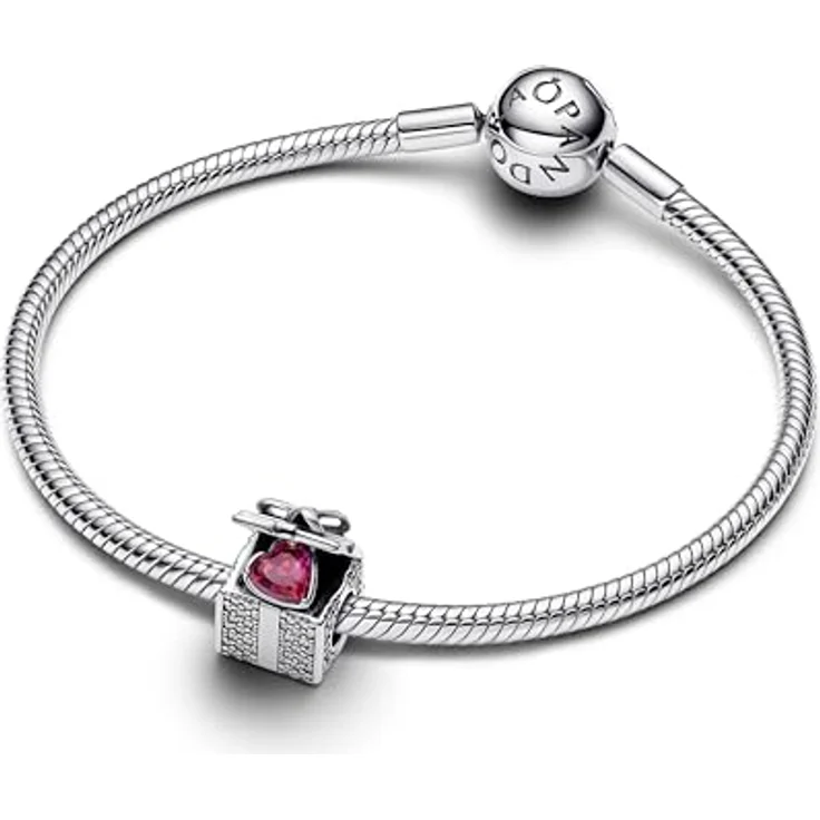 PANDORA Moments Funkelndes Geschenkbox Charm, Sterling Silber mit Zirkonia und rotem Herzstein, kompatibel mit Moments Armbändern, 793603C01 – Bild 4