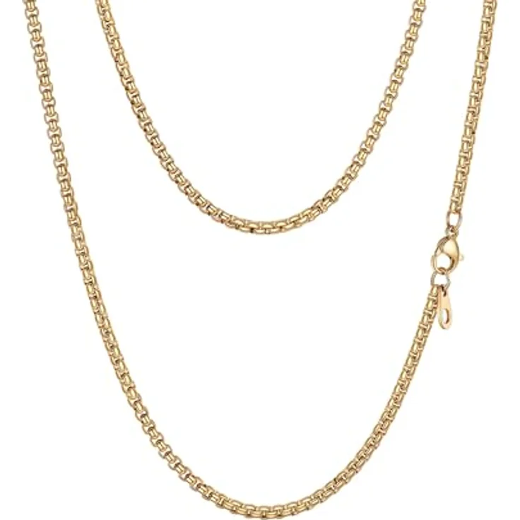 PROSTEEL Venetial Box Briolette Halskette, 3mm Edelstahl Kette in Gold, 46cm, für Herren und Damen – Bild 1