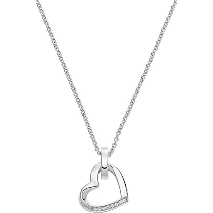 JETTE TWISTED HEART, Silberkette aus 925er rhodiniertem Silber mit 8 Zirkonia, Herzanhänger, 45 cm mit 3 cm Verlängerung