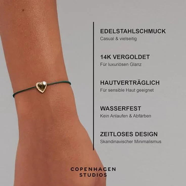 COPENHAGEN STUDIOS Bracelet Balloon Hearts, Damenarmband schwarz-gold mit Nylonband & Herzanhänger aus 14K vergoldetem Edelstahl, stufenlos verstellbar bis 24 cm – Bild 3